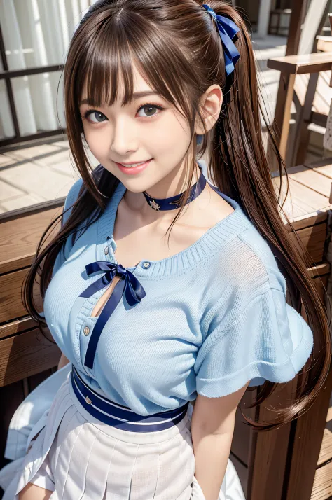 super beautiful cg、one girls, poneytail, smiling smile, brown hair、azure eyes、large ribbon、