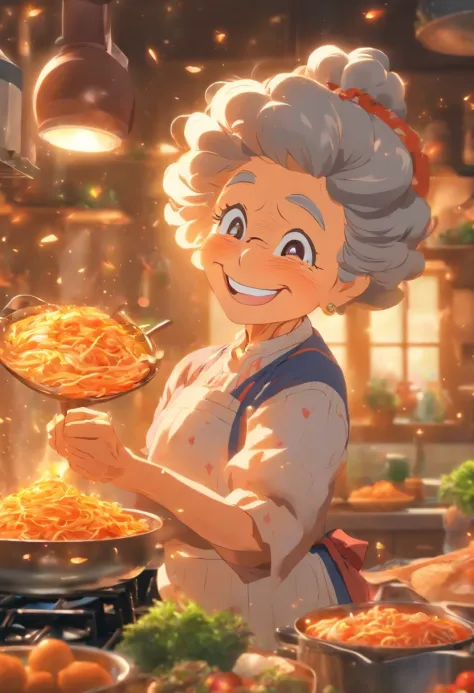 Grandma was cooking in the kitchen，Smile happily，Enjoy the state of life