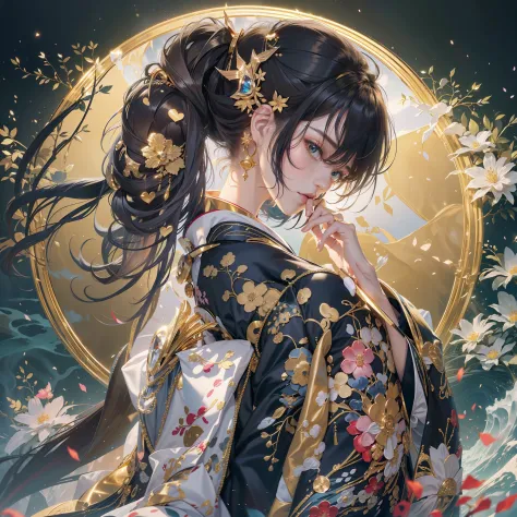 watching at viewers,Gouño on dark background(kyoto、starryskybackground,dense background),perfect hand、poneyTail、Woman with shiny black hair、Break elaborate costumes{Luxury kimono(Colorful kimono(Detailed golden embroidery,))}、face perfect,Depict a beautifu...