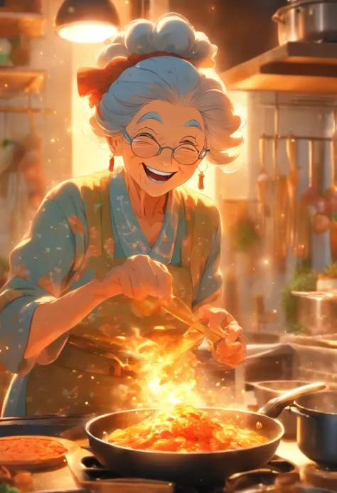 Grandma was cooking in the kitchen，Laugh happily，Enjoy the state of life