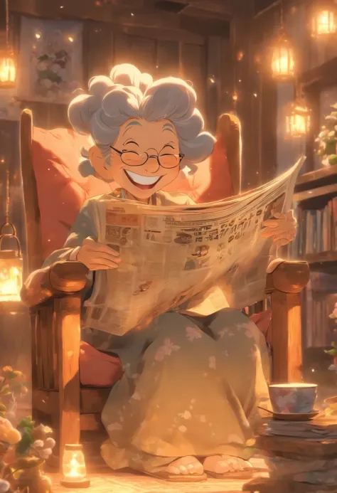 Grandma sits in a rocking chair reading the newspaper，Laugh happily，Scenes of happiness in later life