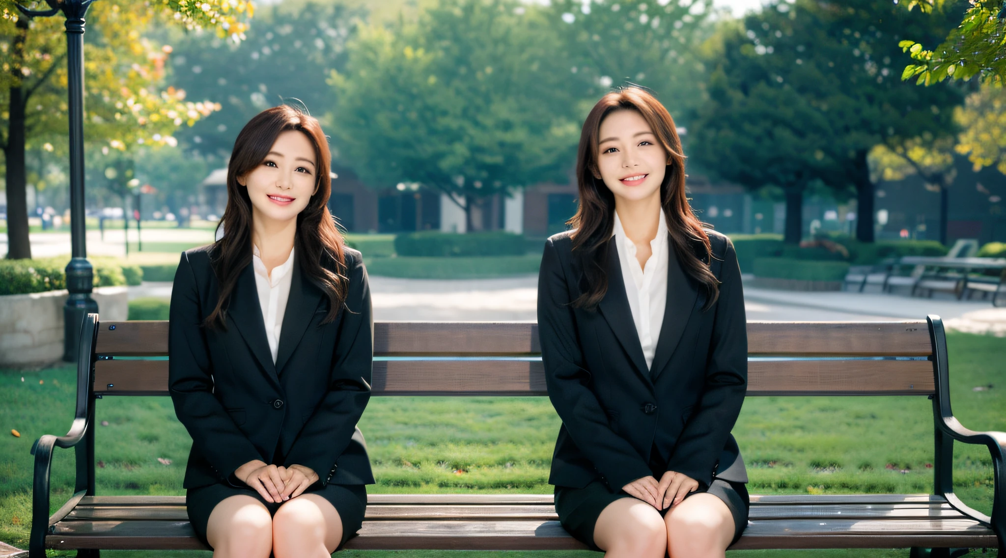 a park、Sitting on a bench、Beautiful woman　、　business sui、Black jacket、White button shirt、tight skirts、a picture、A detailed face、Detailed lips、A detailed eye、a smile