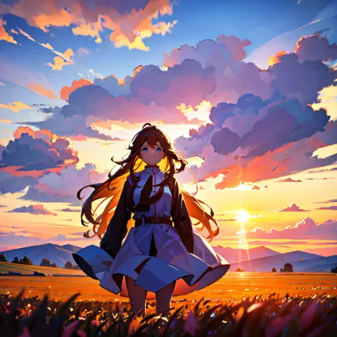 Girl Standing In The Field, gros-plan, Portrait, Clouds, Sunrise