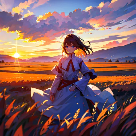 Girl Standing In The Field, gros-plan, Portrait, Clouds, Sunrise