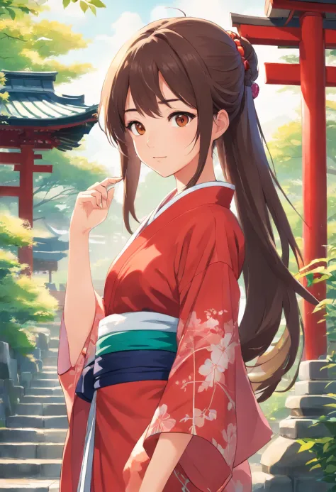 The left eye is glass. Asian girl, Long hair, Front view, full bodyesbian, Set against a Japanese temple, com arvores, rios, A very beautiful sunny day. The girl will wear a red kimono, She has a scar on her left eye.