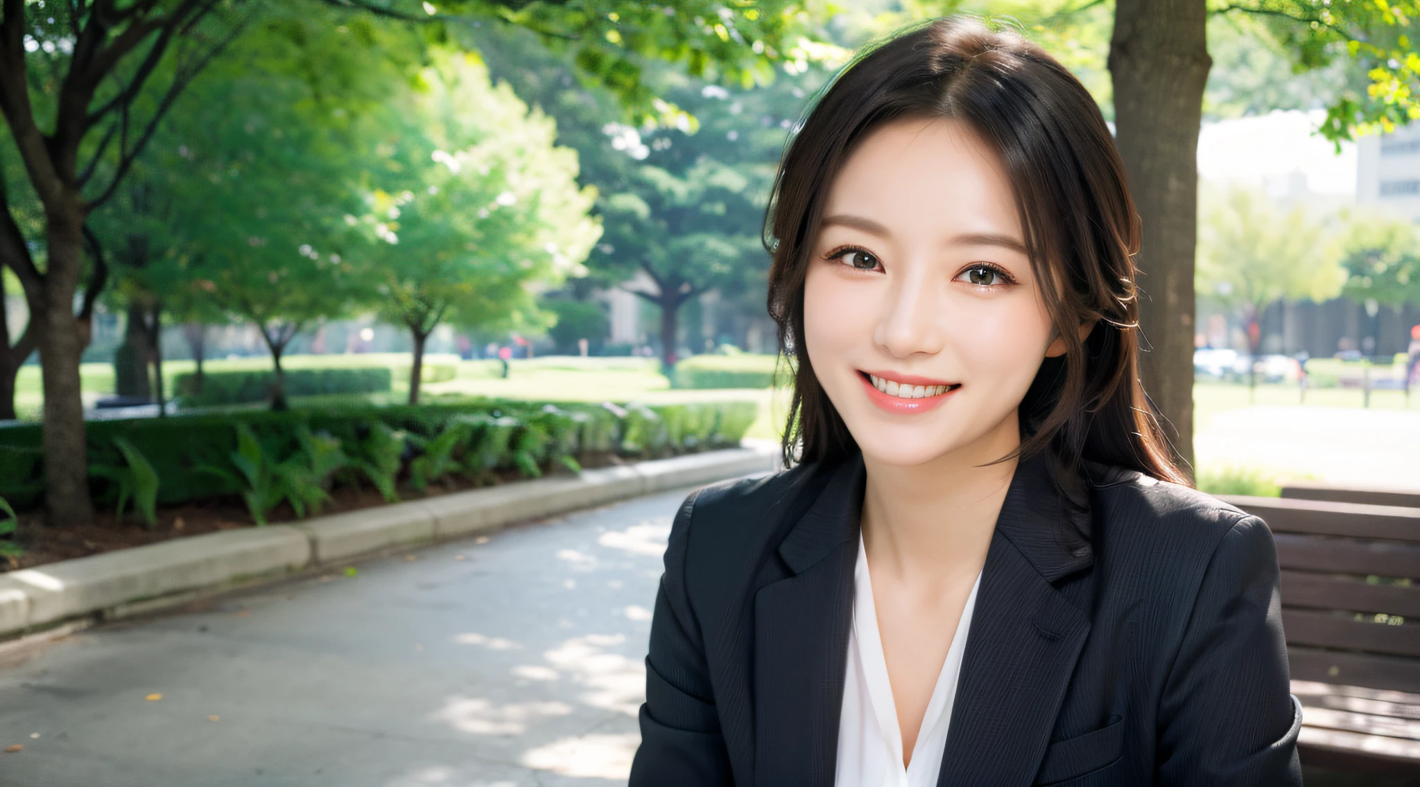 a park、face forcus、Beautiful woman,　Business suits、a picture、A detailed face、Detailed lips、A detailed eye、a smile