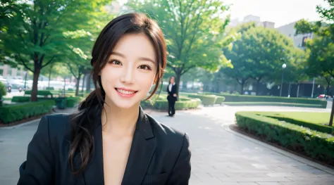 a park、face forcus、beautiful woman,　business suits、a picture、a detailed face、detailed lips、a detailed eye、a smile