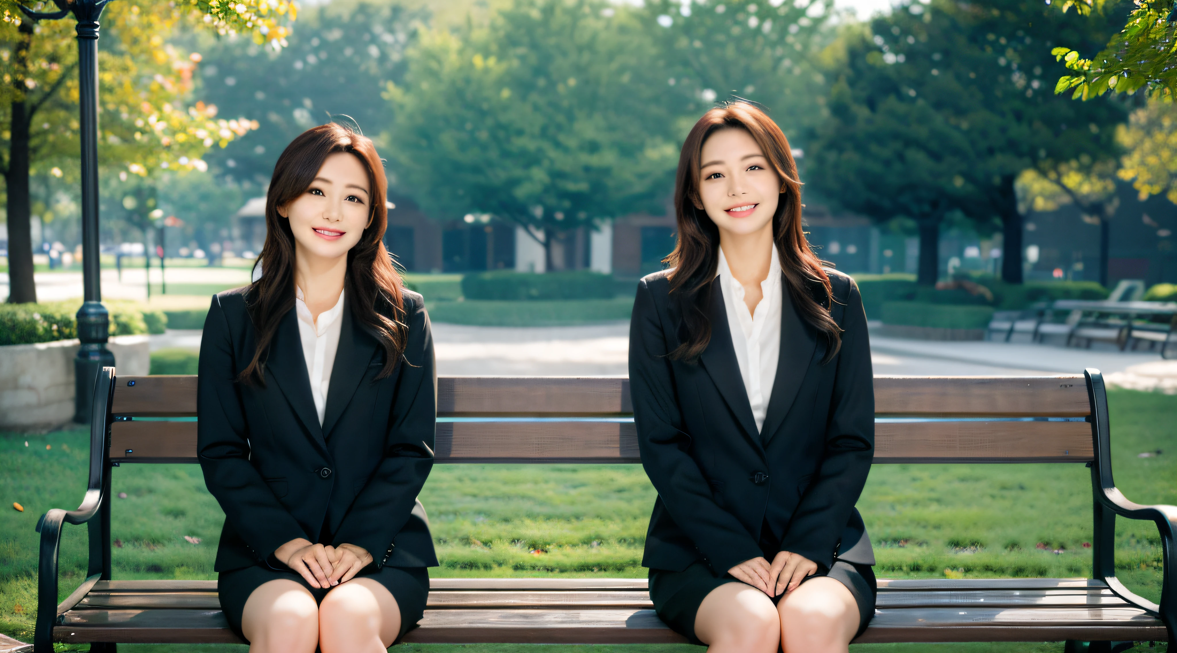 a park、Sitting on a bench、Beautiful woman　、　business sui、Black jacket、White button shirt、tight skirts、a picture、A detailed face、Detailed lips、A detailed eye、a smile