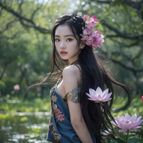 Gold backstop 32K（tmasterpiece，k hd，hyper HD，32K）Long flowing black hair，ponds，zydink， a color， Aozhou people （Concubine girl）， ...