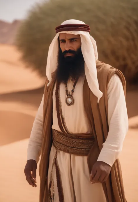 Man with long beard and white beard standing in desert area, Lead the clan, Israelenses vestidos em 36864K filmes, next to a pregnant woman, both of them with advanced age, peles claras, Ainda do filme live action, cenas de filmes live-action, 16384K Filme...