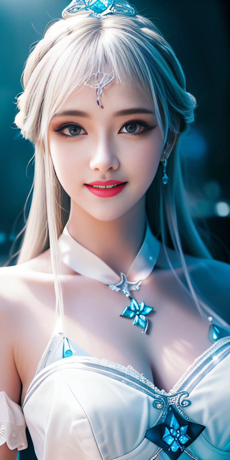 Best quality at best，highly  detailed，tmasterpiece，ultra - detailed，（Fidelity：1.2），1个Giant Breast Girl，（white backgrounid），simple backgound，Elaborate Eyes，二重まぶた， (cparted lips:1.5) ssmile，Sparkling lip gloss，Silvery hair，a purple eye，The skin(Rose white skin: 1.4)，Hair_decorations，（white offshoulder shirt：1.3），crown braid，Smile at the audience，hair straight，（++Sit Pose：1.2），Close-up of big breasts，The chest is huge。There are very deep，There is a light in the chest，Looming，Extremely Delicately Beautiful，Delicate collarbones，beautiful make up，Exquisite and perfect facial features