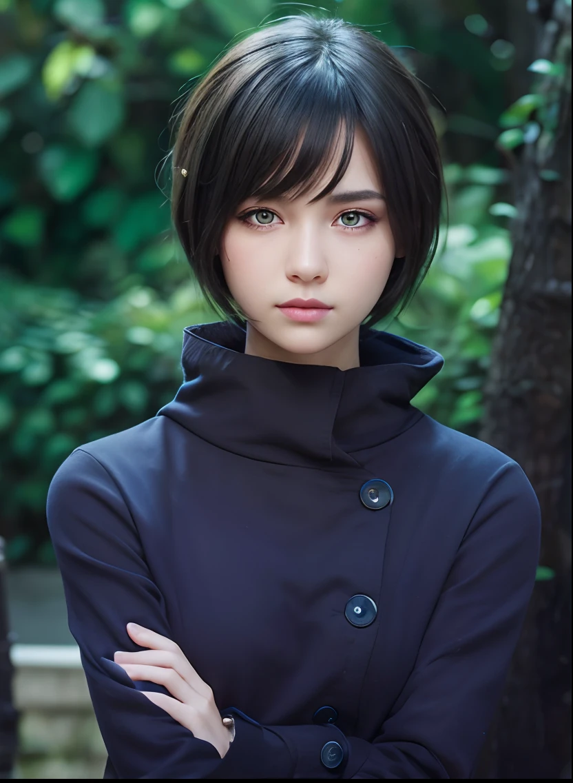 (hyperrealistic), (8K), (extremely detailed), (best illustration), (beautiful detailed eyes), (best quality), (ultra-detailed), (masterpiece), (wallpaper), (detailed face), Beautiful girl, dark green colored hair, short hair, brown eyes,blue black dreass,yellow buttons
