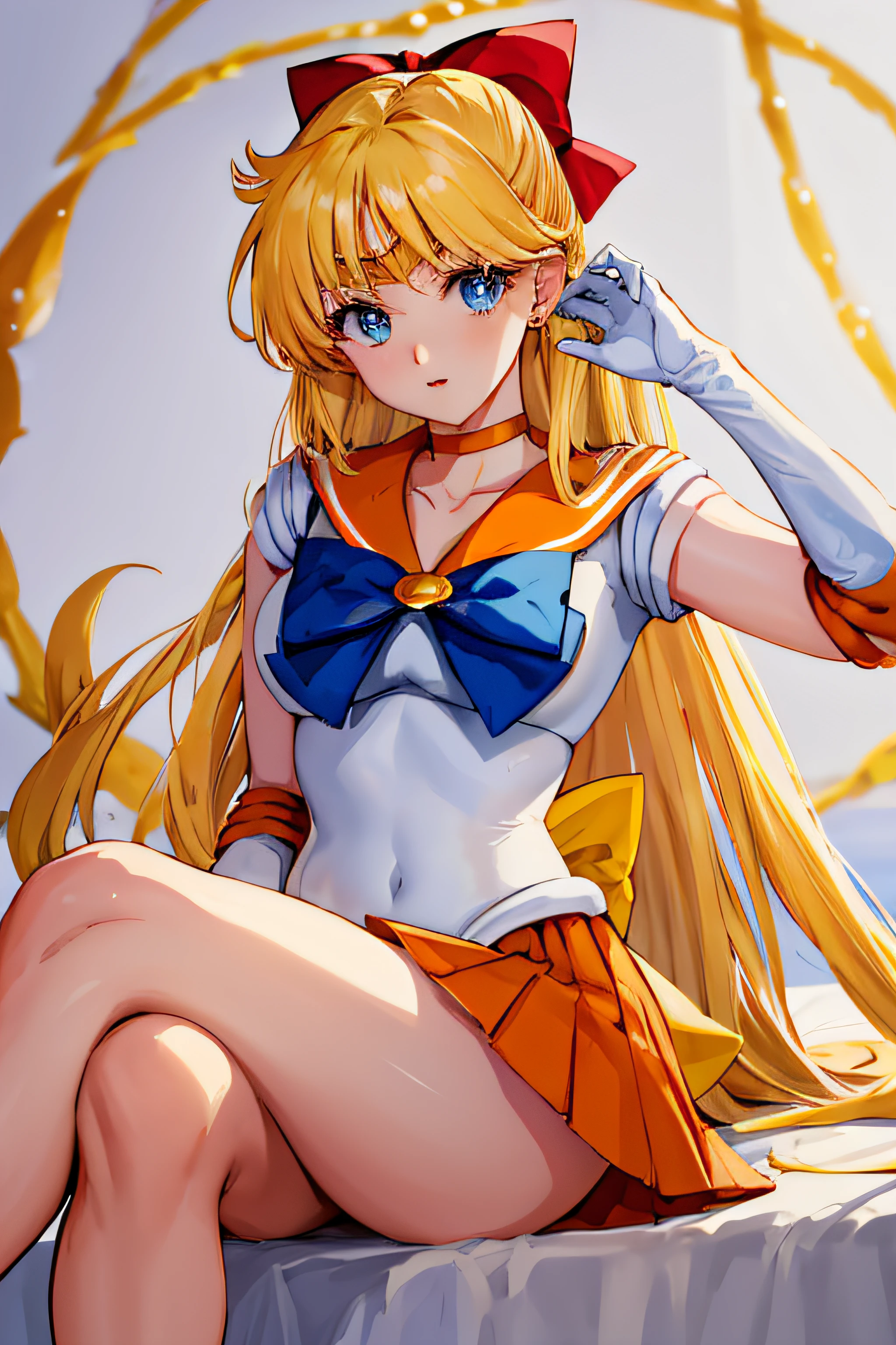 masterpiece, best quality, highres, venus1, 1girl, solo, sailor senshi uniform, sailor venus, aino minako, blonde hair, magical girl, blue eyes, orange skirt, elbow gloves, tiara, pleated skirt, hair bow, orange sailor collar, miniskirt, choker, red bow, orange choker, white gloves, very long hair,  jewelry,  earrings, sitting, crossed legs,