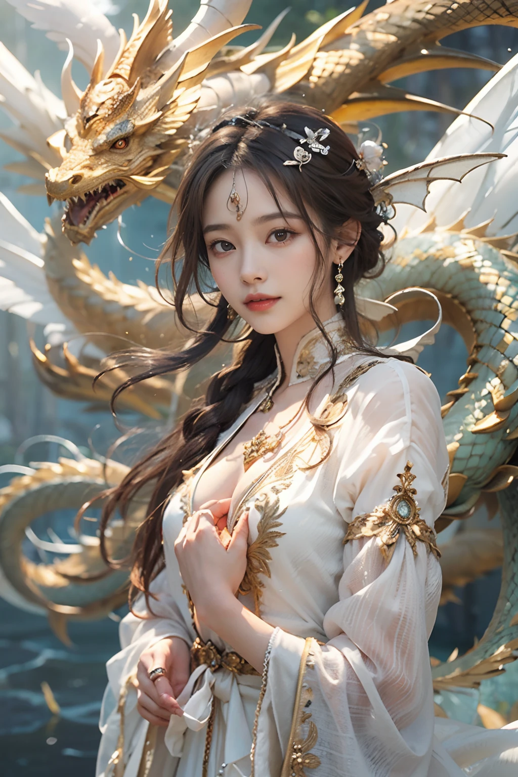 Dragons in Chinese mythology,(Portrait of an angel and a dragon god:1.3,)(Sheer and revealing white fluffy outfit:1.3, ),(Angel with glass wings floating above lake:1.3), (A glass dragon protects angels from behind:1.3),shiny light brown and orange striped hair,,Cute smile,Perfect round face,A cheerful smile that makes the viewer happy,Proper body proportion,masutepiece,Super high-quality output images,hight resolution,Intricate details,Hair fluttering in a very delicate and beautiful wind,photos realistic,Dreamy,Professional Lighting,realistic shadow,Beautiful hands,Beautiful fingers,Detailed finger features,detailed clothes features,Detailed hair features,detailed facial features,