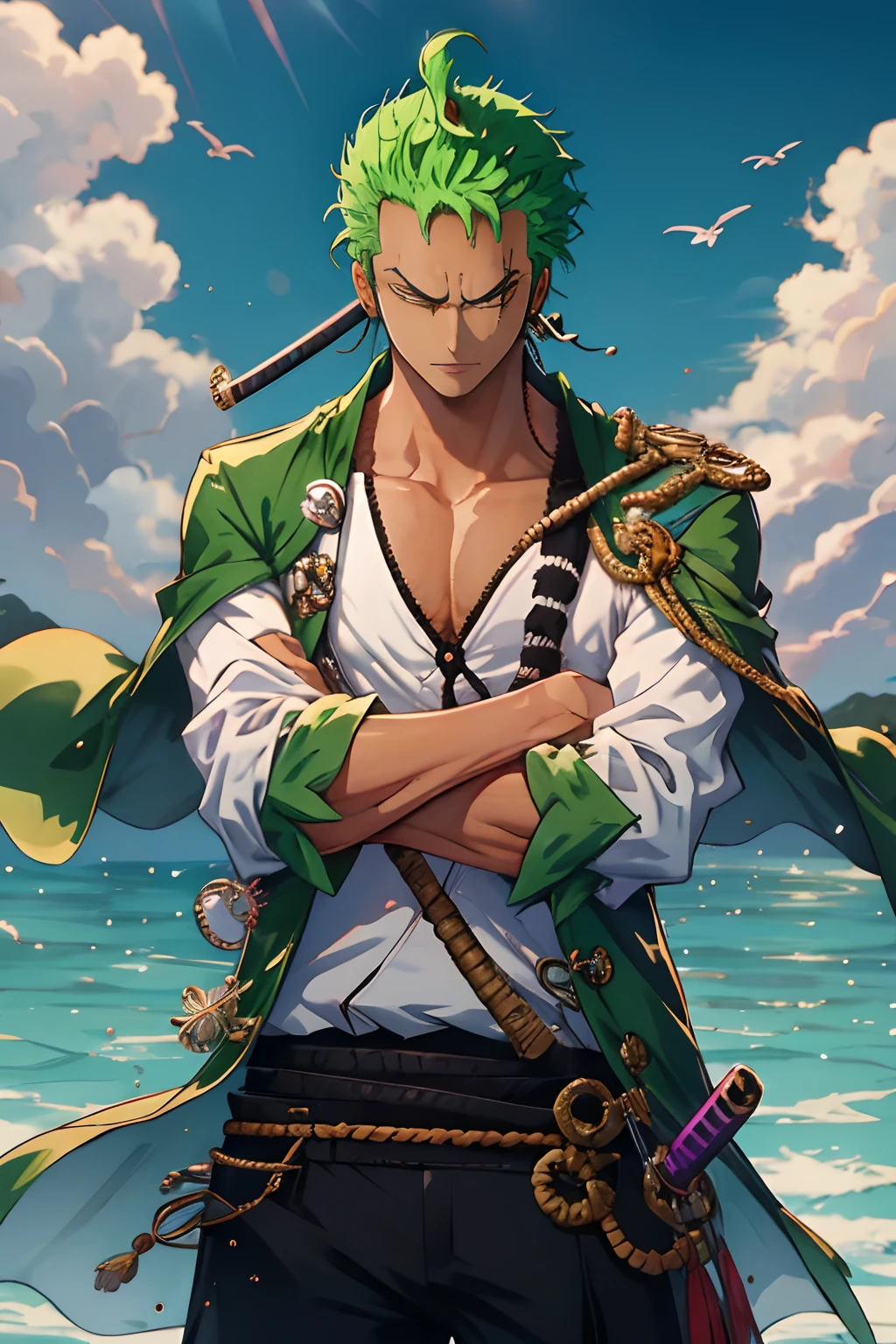 A man with green hair and a green jacket standing on a beach - SeaArt AI