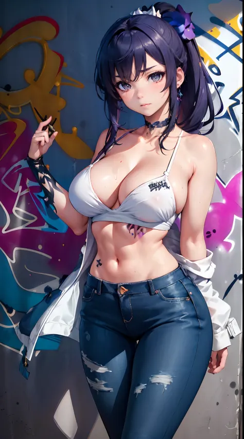 Kujou Sara Genshin Effect, masterpiece, bestquality, 1girls, oversized breasts, bara, Women's suit coat, Long Jeans, choker, (Graffiti:1.5), Splash with purple lightning pattern., arm behind back, against wall, View viewers from the front., Thigh strap, He...
