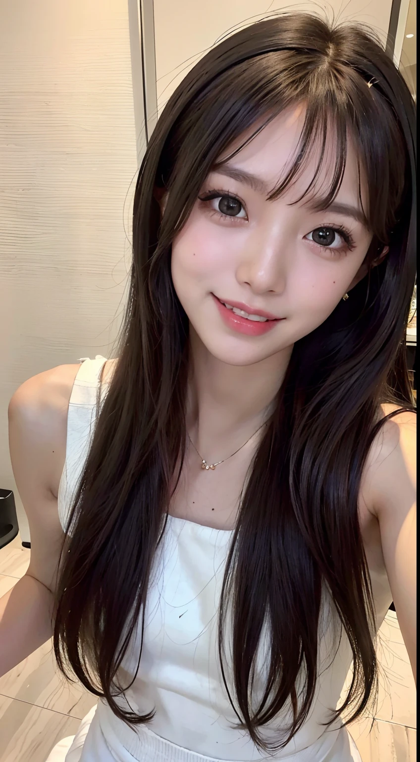 4K、Raw photo、Photoreal Stick、hight resolution , An 18-year-old woman、Face like an idol、Brown hair long straight hair、With bangs、Wearing a headband、Smiling at the camera、condominium