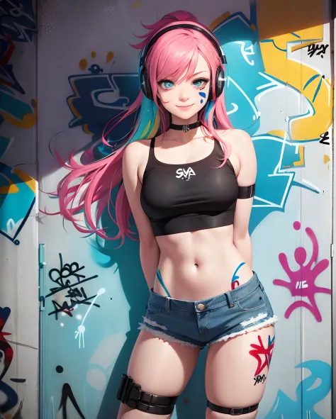 masterpiece, best quality, 1girl, solo, crop top, denim shorts, choker, (graffiti:1.5), paint splatter, arms behind back, against wall, looking at viewer, armband, thigh strap, paint on body, head tilt, bored, multicolored hair, aqua eyes, headset,Perfect ...