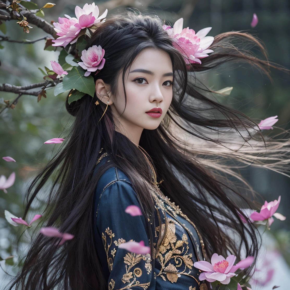 ゴールドバックストップ32K（傑作，キロ，ハイパーHD，32K）長く流れるような黒髪，池，咲く， 色， 澳州人 （妾の娘）， （紫色のシルクスカーフ）， 戦闘姿勢， 地面を見て， 長い白い髪， 浮かぶ髪， 鯉柄のヘッドドレス， 中国の長袖の衣服， （抽象的なガッシュスプラッシュ：1.2）， ピンクの花びらの背景，ピンクと白の蓮の花が舞う（現実的に：1.4），黒髪，落ち葉が舞い散る，背景は純粋です， 高解像度， 詳細， RAW写真， シャープ， Nikon D850 フィルムストックフォト by Jefferies Lee 4 Kodak Portra 400 カメラ F1.6ショット, 豊かな色彩, 超リアルな鮮やかな質感, ドラマチックな照明, アンリアル エンジン アート ステーション トレンド, シネスティア 800，長く流れるような黒髪，デニムスカート