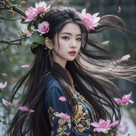 Gold backstop 32K（tmasterpiece，k hd，hyper HD，32K）Long flowing black hair，ponds，zydink， a color， Aozhou people （Concubine girl）， ...