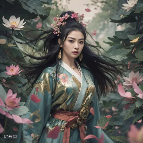 Gold backstop 32K（tmasterpiece，k hd，hyper HD，32K）Long flowing black hair，ponds，zydink， a color， Aozhou people （Concubine girl）， ...