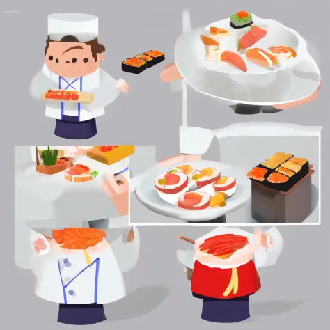 # Background with：blanche
# 人物：1 male human
# garments：Sushi chef's attire（Manteau blanc、Hachimaki、pinafore）
# expressioness：a smile
# the pose：Holding sushi

# Used with stickers for LINE

# Illustration of a sushi chef

# White background、The person is o...