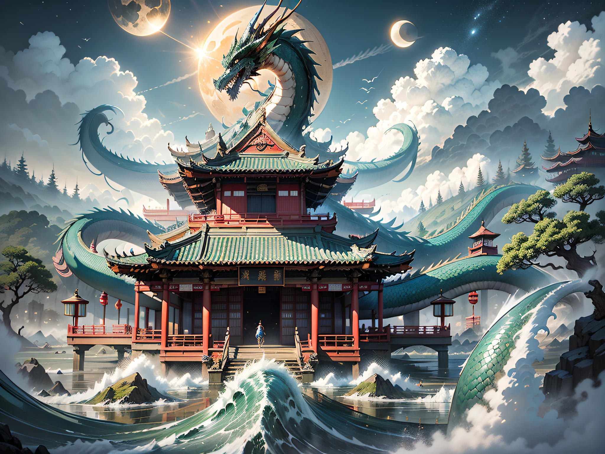 The sun and the moon shine together，Dragons roam the clouds，The sea of clouds is turbulent，（The waves are skyrocketing），Senzan Island，Exotic beasts，（A pavilion looming in the clouds），（（surrounded by cloud）），（Chinese architecture），high qulity，super-fine，Detailed pubic hair，Accurate，（tmasterpiece），Works of masters，（16K resolution），电影灯光，dynamic viewing angle，