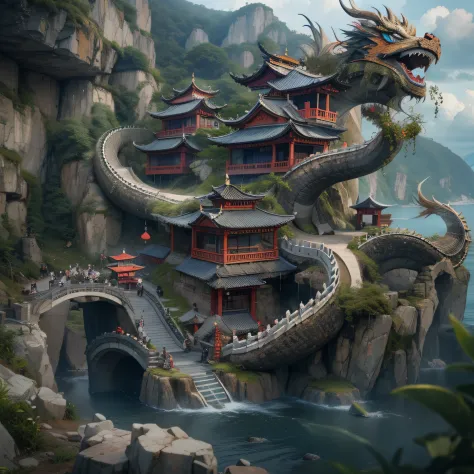 chinesedragon，the sea，writhe，downpours，salama，Cave House，Works of masters，Best image quality，high detal，超高分辨率，in a panoramic view，first person perspective，telephoto lenses，3D photography