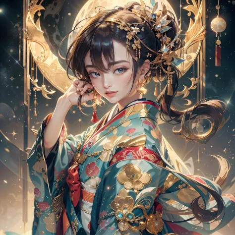detailed background(a moon,Detailed starry sky background),glossy dark hair,Blake Ponytail、elaborate costume{Luxury kimono(Colorful kimono(Detailed golden embroidery,))}、face perfect,Depict a beautiful and graceful woman of Japan。Heart in the eye。 Wallpape...