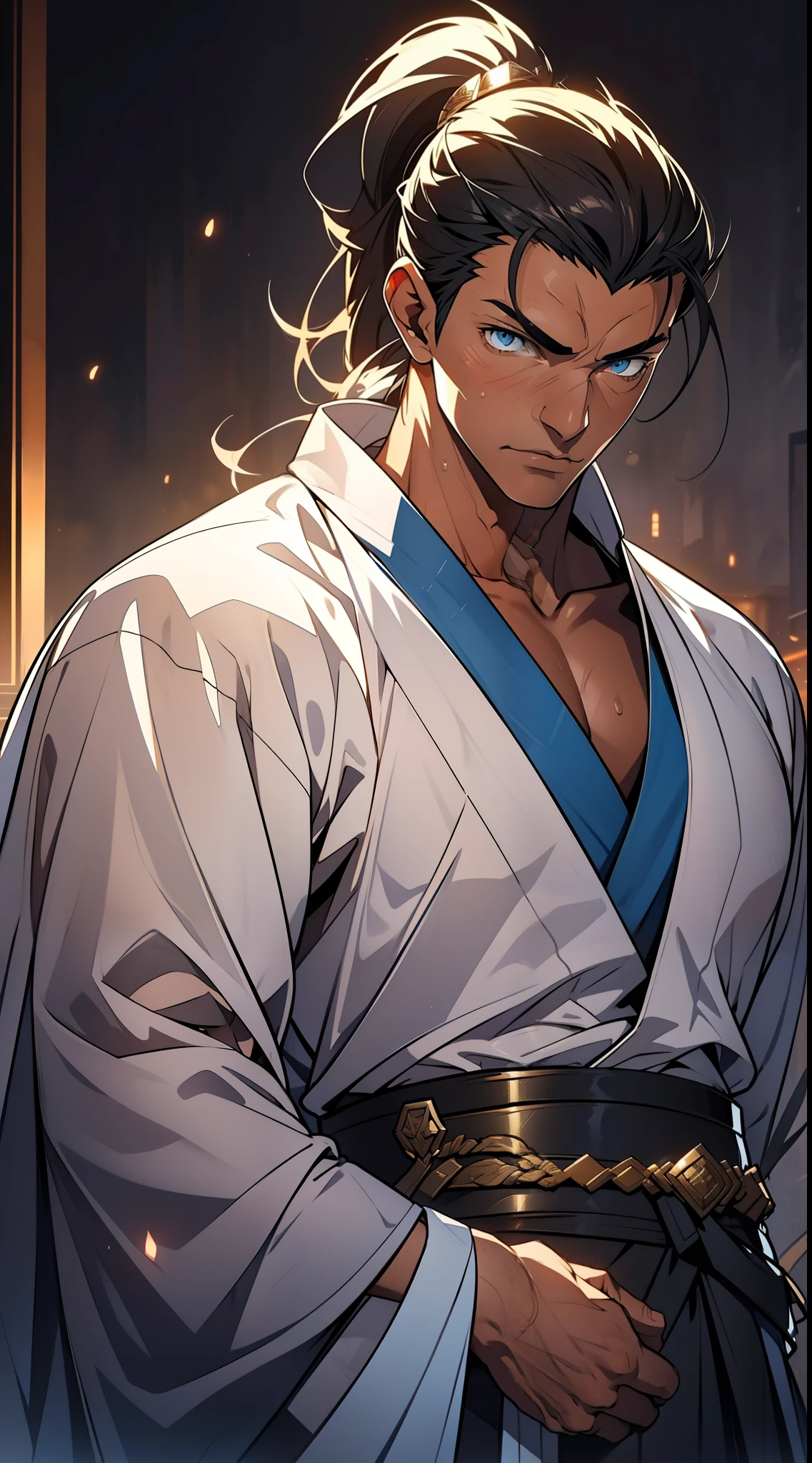 quadratic element，style of anime，mtu（Male Warrior），The proportions are correct，Face details，swordsmen，High ponytail hairstyle，Neck details，There is an Adam's apple，White robe，kaftan，long white robe，clothes details，Handing over，longer sleeves，Game quality，Swordsmanship，Light and shadow tracking，Ray traching，detailed glow，cg render，hair detail，cabelos preto e longos，blue colored eyes，Handsome，Handsome，（juvenile sense），Clothing is complicated，Perfectcomposition，Refinement，high qulity，higher details，Lots of details，The background is complex，a sense of atmosphere，