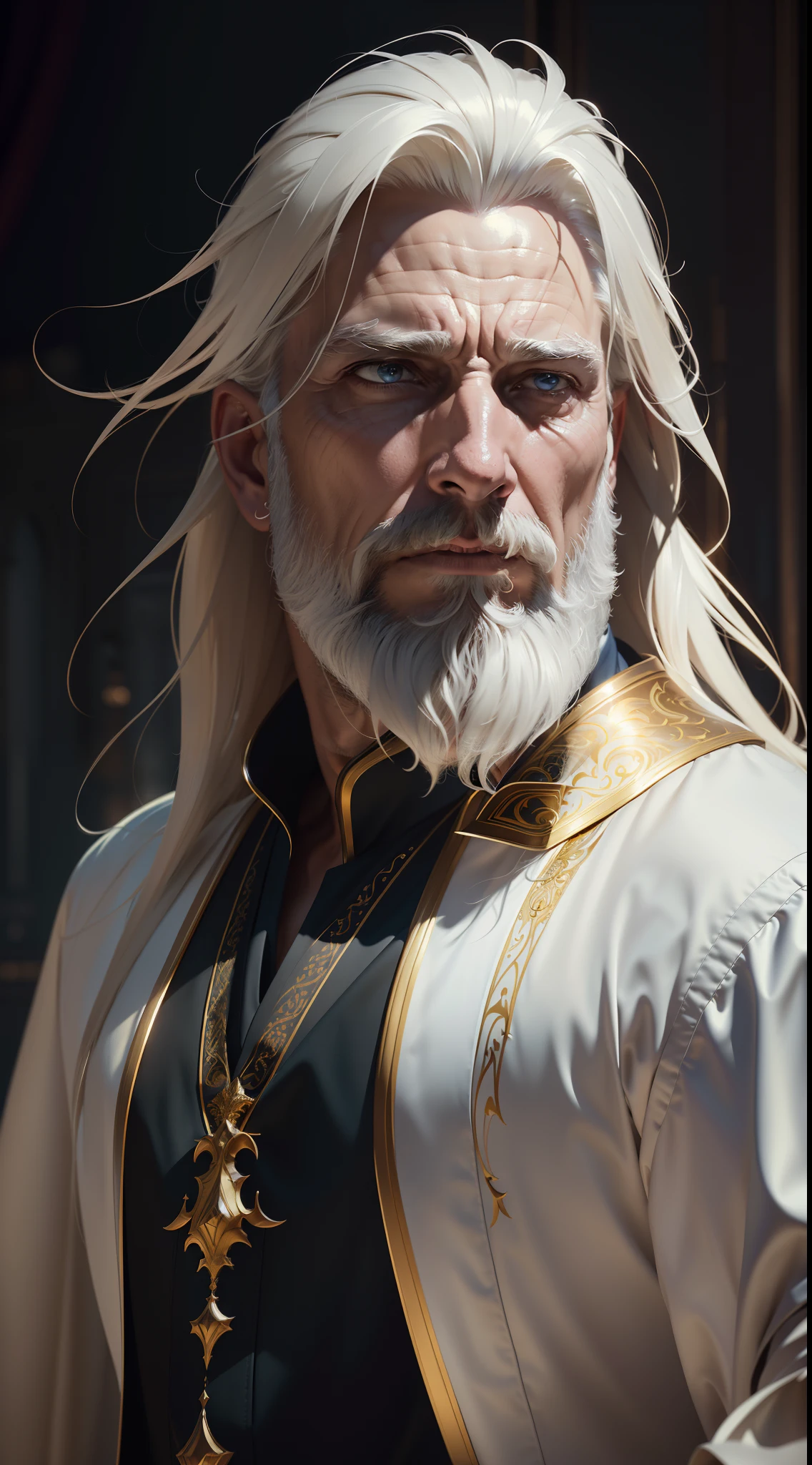 (تحفة), (extremely معقد), photorealistic photo of a وسيم male wizard, لحية قصيرة, قميص المعالج الأبيض مع تقليم ذهبي, رداء أبيض يتحرك في مهب الريح, شعر أبيض طويل, بكامل ملابسه, وجه مثالي, وسيم, (تركيبة مثالية:1.4), deviantart hd, ارتستيشن hd, مفهوم الفن, وجه مفصل and body, التصوير الفوتوغرافي الحائز على جوائز, الهوامش, وجه مفصل, لوحة زيتية احترافية للفنان إد بلينكي, اتي غيلان, جيريمي مان, جريج مانشيس, اليكس جراي, تتجه على artstation, تتجه على CGSocity, معقد, تفاصيل عالية, التركيز الشديد, دراماتيكي, رسم غير لامع حائز على جوائز، إضاءة سينمائية الأوكتان تجعل حجم المحرك غير واقعي DTX