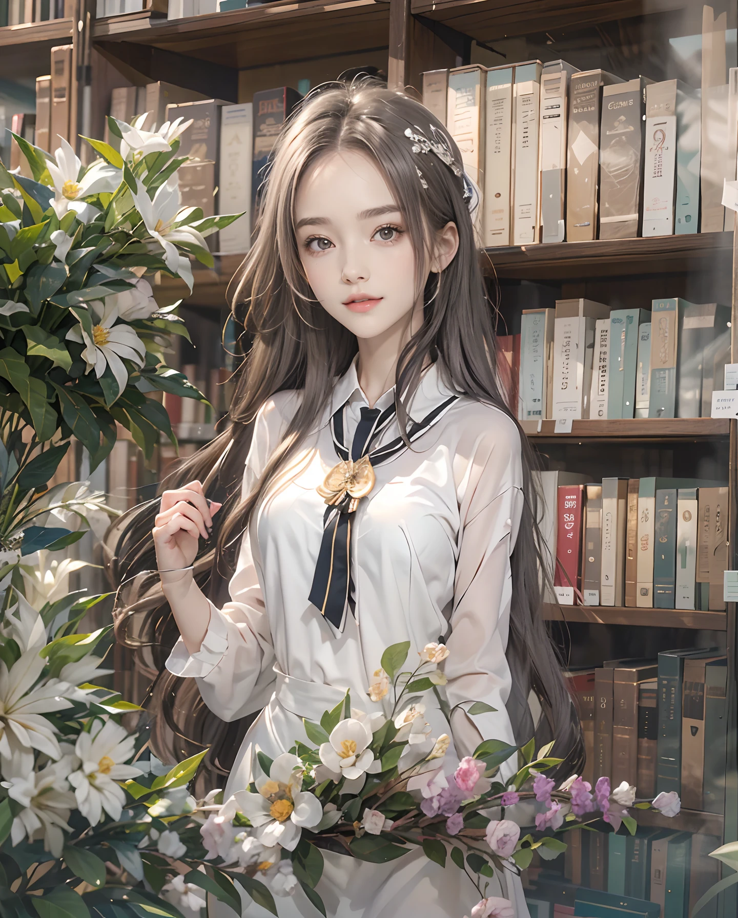 masutepiece、hight resolution、Library Reception、Library staff、scrivener、30-year-old girl、１Girl clerk、Looking at the camera、smil、Finish as shown in the photo、Flowers and girls、the skin is white and beautiful、Hair is long and beautiful、inner colored、Hair should be tied back、A slender