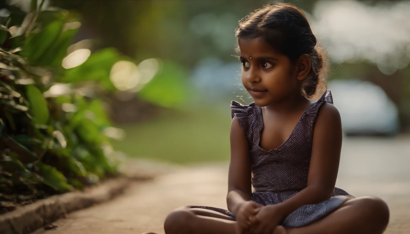 Há uma menina sentada no chão com as pernas cruzadas - SeaArt AI