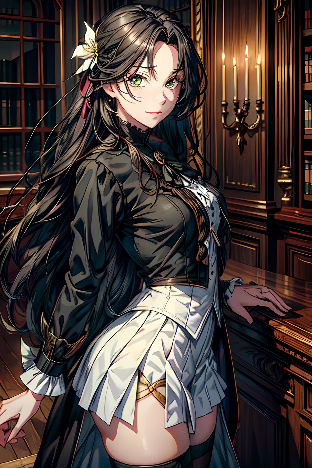 masterpiece, best quality, absurdres, half-body portrait, 1girl, human, female, black hair, long hair, green eyes, long black coat, winged shaped hair pin, beauty mark under right eye, white shirt, silver cravat, black skirt, tennis skirt, black stockings, smirking, looking at viewer, standing, arms at sides, (Charming 1.2), (Frivolous expression 1.2), aristocrat, magus, Fate/Grand Order, hair flower