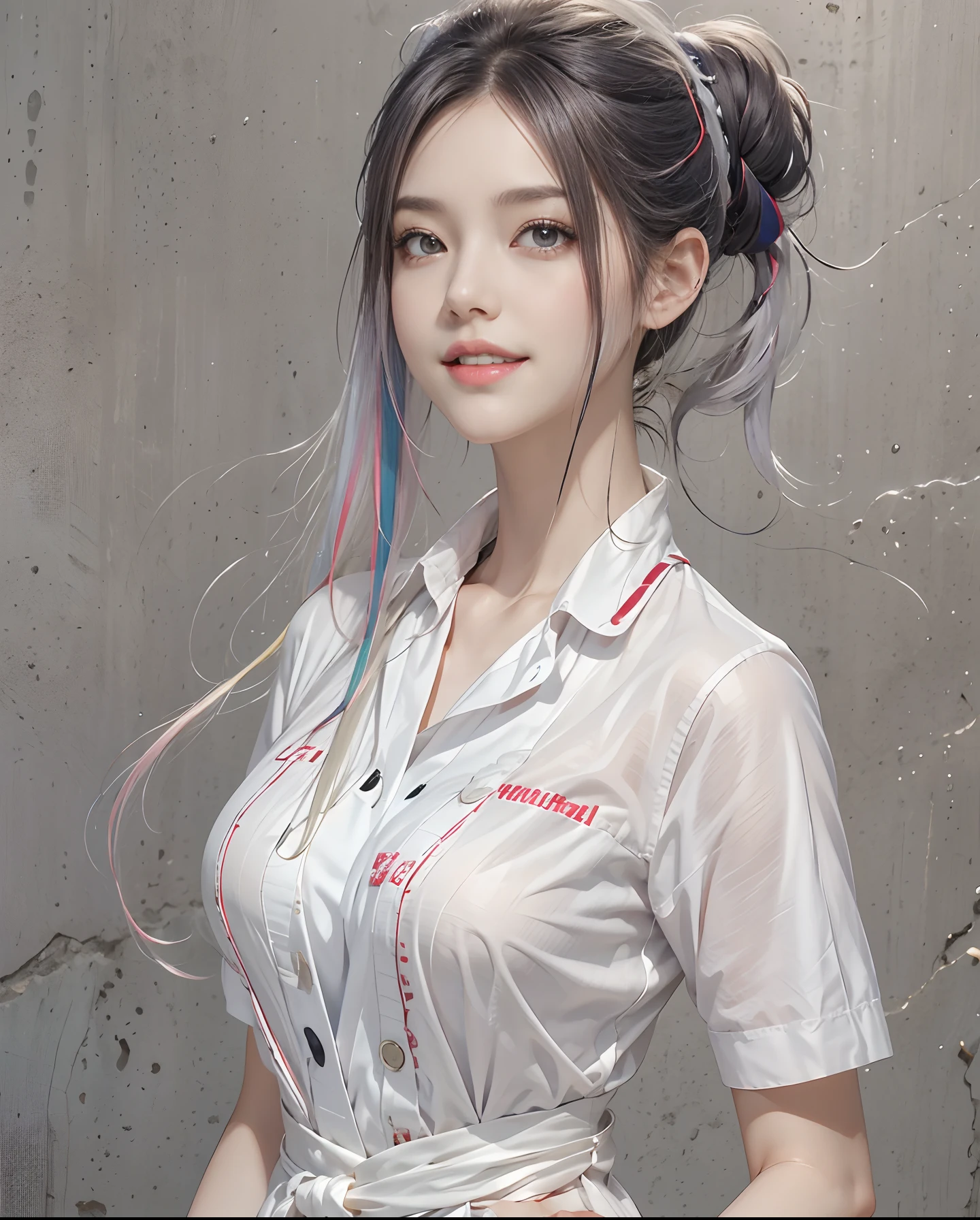 masutepiece、hight resolution、Nurse、30-year-old girl、１Girl Nurse、Looking at the camera、smil、Finish as shown in the photo、the skin is white and beautiful、Hair is long and beautiful、inner colored、Hair should be tied back、A slender、short-cut、