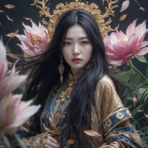 Gold backstop 32K（tmasterpiece，k hd，hyper HD，32K）Long flowing black hair，ponds，zydink， a color， Aozhou people （Concubine girl）， ...