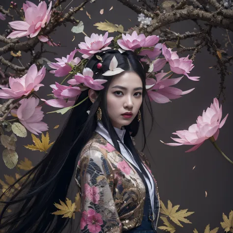 Gold backstop 32K（tmasterpiece，k hd，hyper HD，32K）Long flowing black hair，ponds，zydink， a color， Aozhou people （Concubine girl）， ...