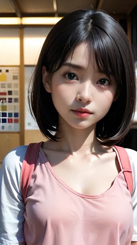 ((1girl, 12 years old, Japanese junior high school student, look down at viewer)), very cute face, black hair, medium bob hair, (BEST QUALITY, MASTERPIECE, ULTRA HIGH RESOLUTION, (PHOTOREALISTIC:1.4), RAW PHOTO, 8K)