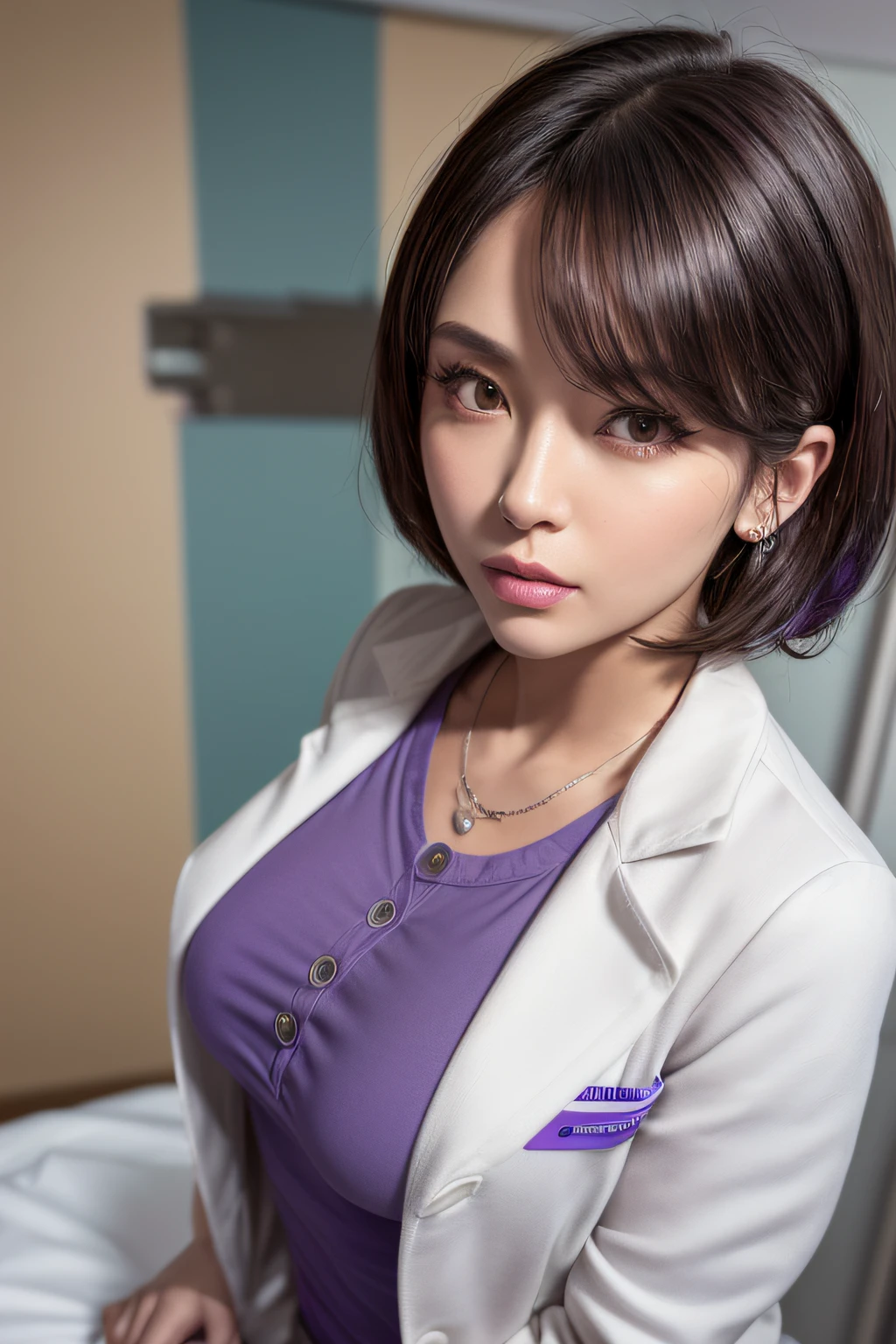 physician, 50 years old, hyperdetailed face, Detailed lips, Detailed eyes, double eyelid, Black bob-shaped hair,  (((Light purple shirts that button up to conceal the chest, doctors white coat, Brown tight mini skirt))), (Examining a patient in a hospital examination room), ((Glamorous body)), ((Big breasts)), perfect hand, Perfect fingers, perfect chest, Perfect fit, perfect bodies, face perfect, Perfect image realism, Background with:((Hospital examination room)), Meticulous background with, detailed costume, Perfect litthing, Hyper-Realism, photoRealstic, 8K maximum resolution, (​masterpiece), Highly detailed, Professional