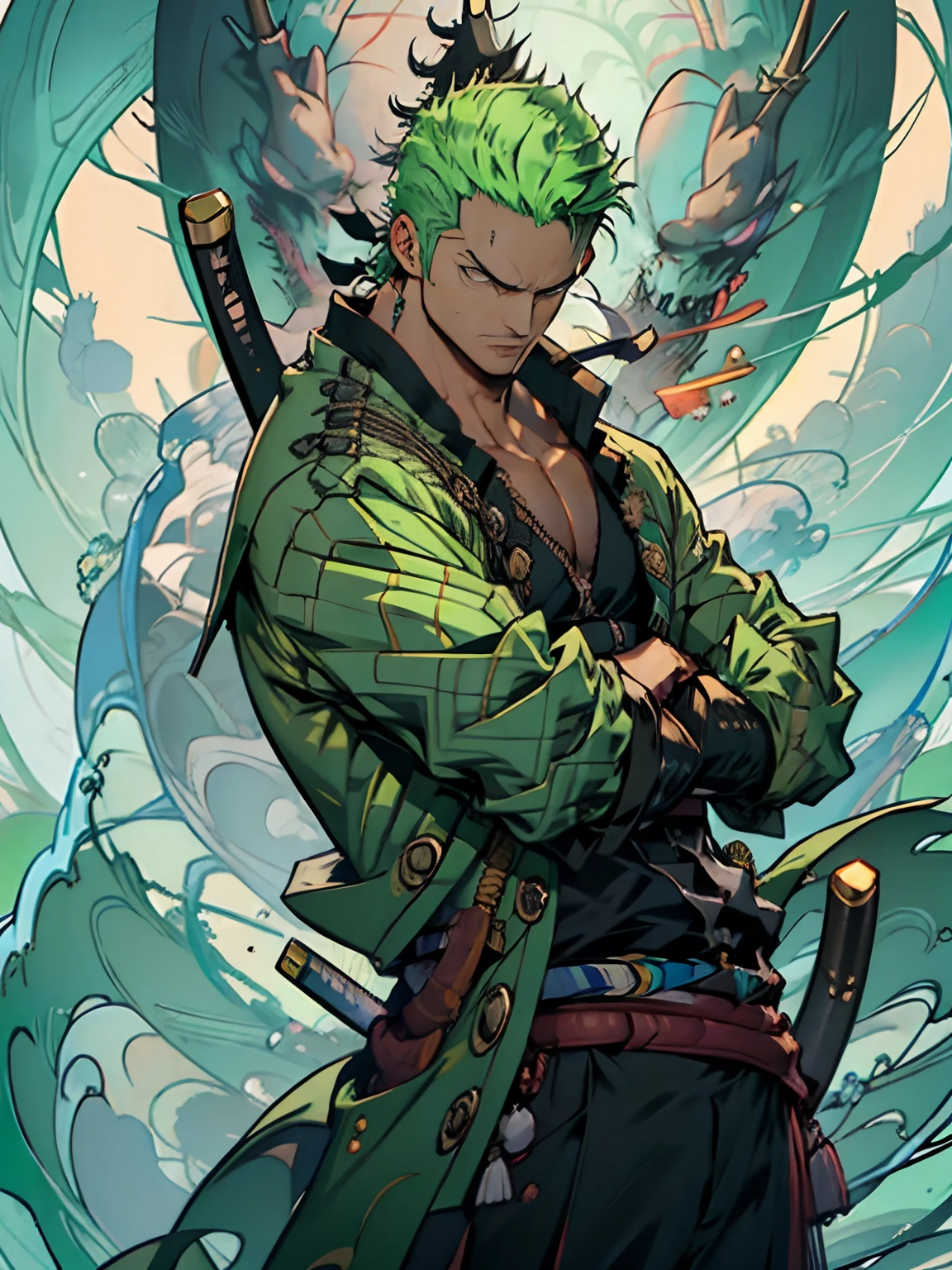 rORONOA Zoro DO ANIME "(UNA PAZ",) Solo, Mirando al espectador, cabello corto, mangas largas, 1er grado, Chaqueta de traje GREEN PIRATE, parte superior del cuerpo, arma, Enfoque masculino, ropa japonesa, pelo verde, wHater, ondas, de lado, cicatriz en el OJO IZQUIERDO, vaina, cicatriz en la cara, Emvainados, (pelo peinado hacia atrás)