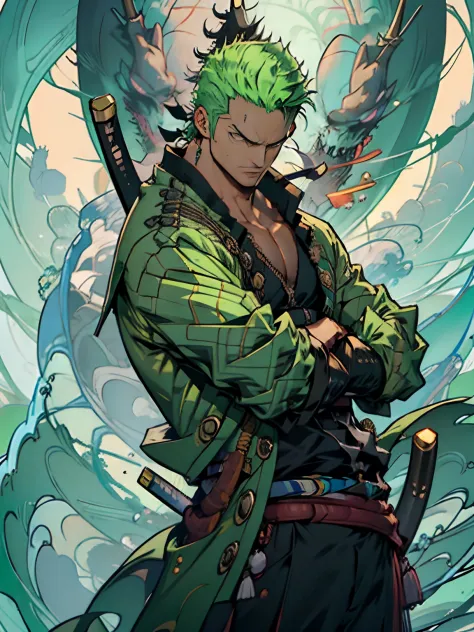 rORONOA Zoro DO ANIME "(ONE PEACE",) sozinho, Olhando para o Viewer, short hair, mangas compridas, 1st grade, GREEN PIRATE suit ...