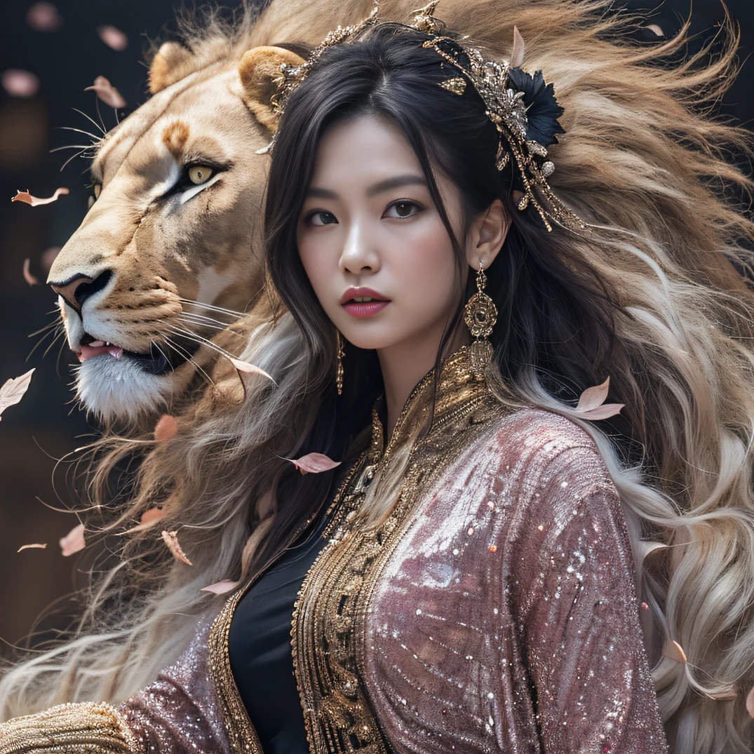 Gold lion tailgate 32K（tmasterpiece，k hd，hyper HD，32K）Long flowing black hair，ponds，zydink， a color， Aozhou people （Lion Girl）， （Purple silk scarf）， Combat posture， looking at the ground， long whitr hair， Floating hair， Lion pattern headdress， Chinese long-sleeved clothing， （Abstract gouache splash：1.2）， Pink petal background，Pink and white lotus flowers fly（realisticlying：1.4），Black color hair，Fallen leaves flutter，The background is pure， A high resolution， the detail， RAW photogr， Sharp Re， Nikon D850 Film Stock Photo by Jefferies Lee 4 Kodak Portra 400 Camera F1.6 shots, Rich colors, ultra-realistic vivid textures, Dramatic lighting, Unreal Engine Art Station Trend, cinestir 800，Long flowing black hair，Cowboy Awakening Lion