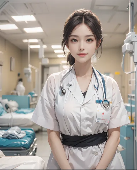 masutepiece、hight resolution、Nurse、30-year-old girl、Looking at the camera、smil、Finish as shown in the photo、the skin is white and beautiful、Hair should be tied back、The background is a hospital room、Beautiful standing figure、