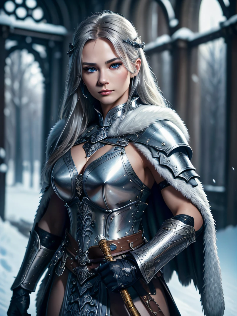 （top-quality、high detailing）、Four-fifths shot、Portrait of a 40-year-old adult female Viking、tall、Strong physique、the perfect body、Silver warrior armor with fur collar、Silver Full Face Helmet、Thick Large Silver Horn Headgear、Carrying a big sword on your back、Focus on the face、Calm look、Big blue eyes、Detailed face and eyes、Sharp eyes、Golden Shorthair、Walking slowly towards us、Detailed hand depiction、Winter morning、Oyuki、Snow-covered roadedieval city gate behind、Fantasyart、dark fantasy vibe、Combat stance、Dynamic action