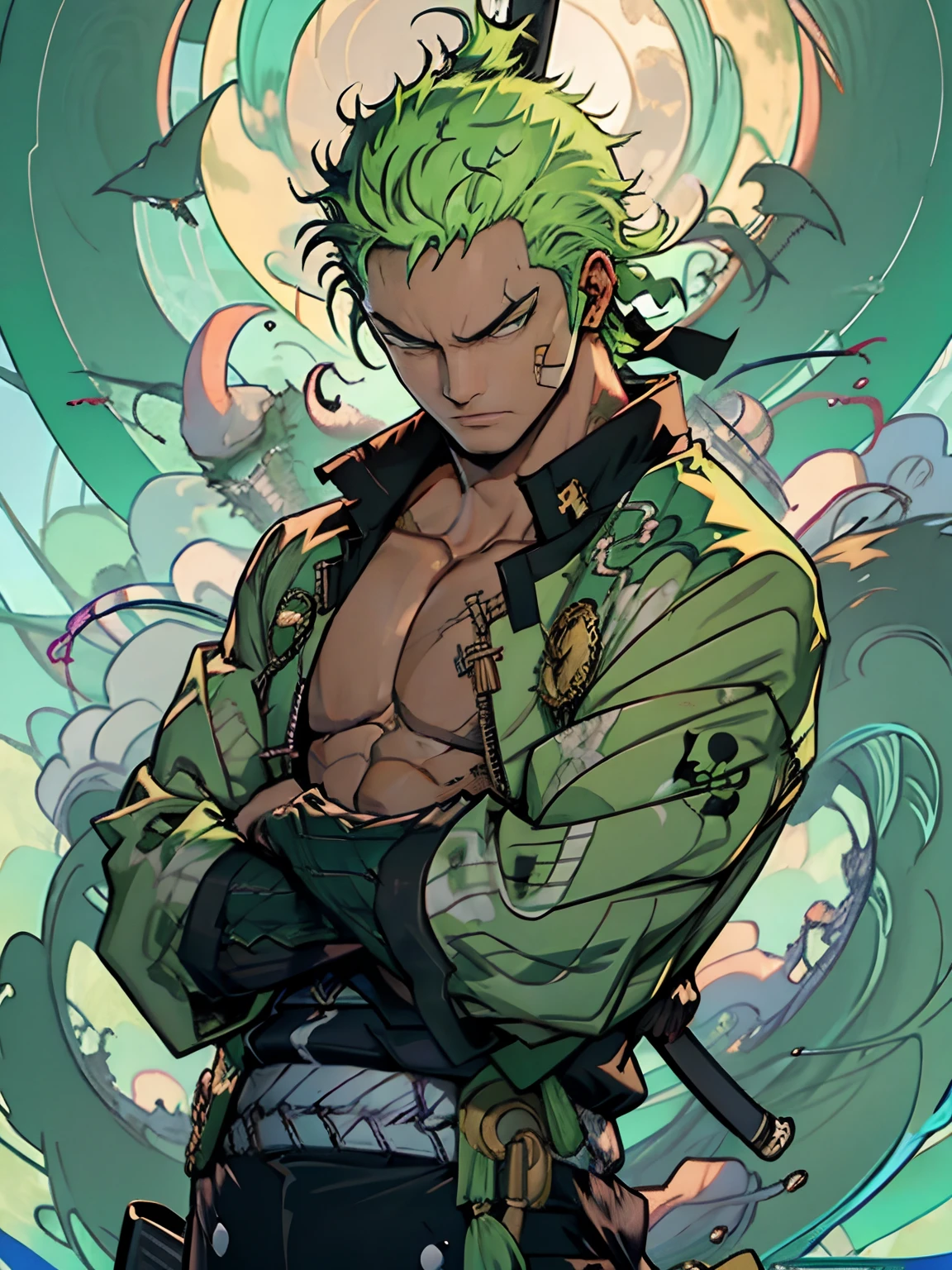 rORONOA Zoro DO ANIME "(ONE PEACE",) standing alone, Looking at Viewer, short GREEN  hair, long sleeves, 1st grade, GREEN PIRATE suit jacket, upperbody, missiles, male focus, Japanese clothing, green haired, wHater, WAVES, from sideways, scar on left eye, scabbard, scar on the face, Emscabbarddos, (slicked back GREEN  hair)