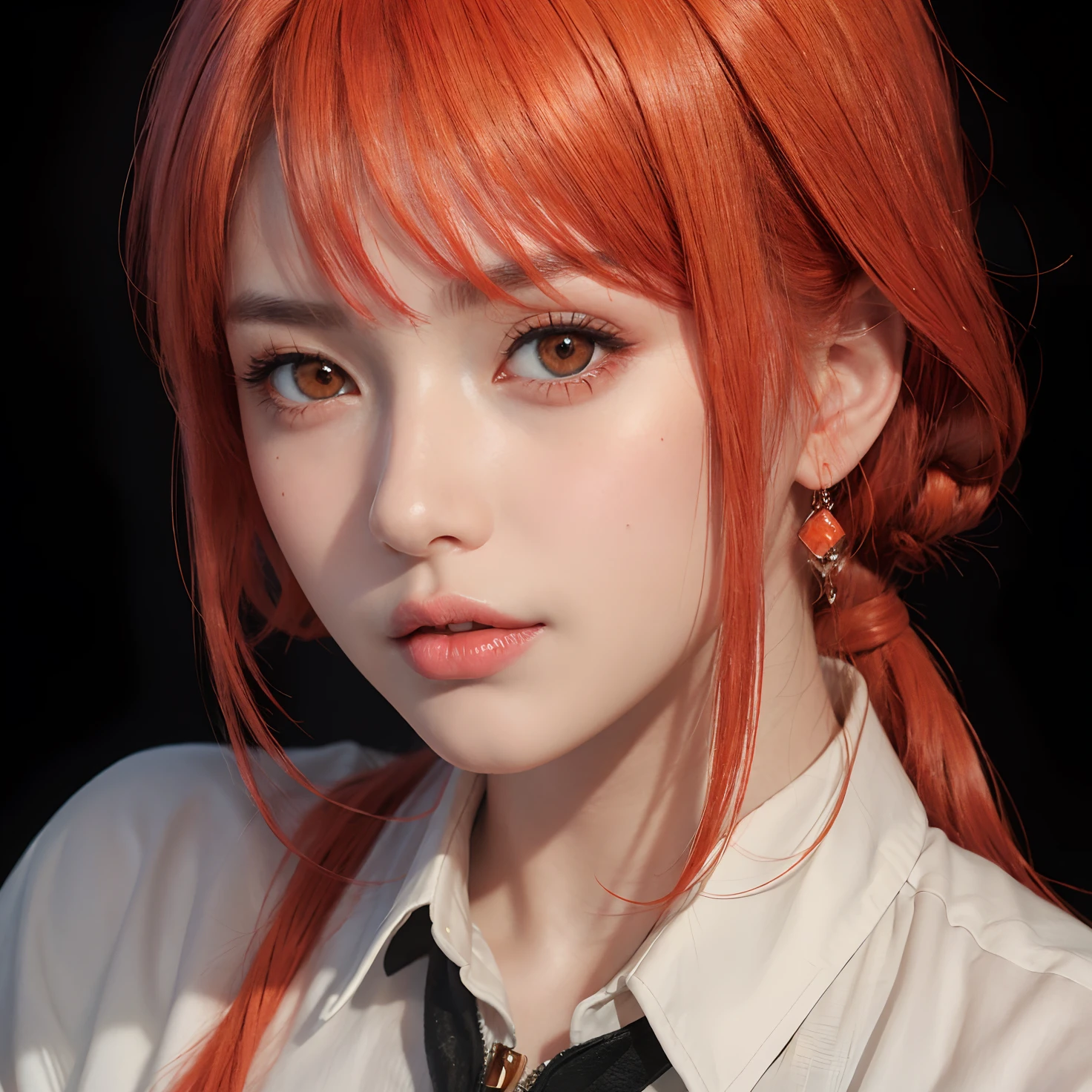 best quality, masterpiece, (photorealistic:1.4), 1girl, raw, ultra hd, dramatical light, glowing skin, red hair color, orange eyes coor, natural makeup,