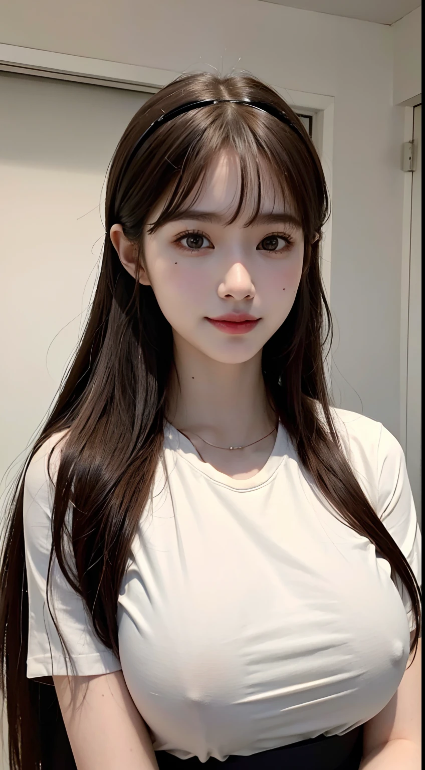 4K、Raw photo、Photoreal Stick、hight resolution , An 18-year-old woman、Face  like an idol、((huge breasts1.6)),Brown hair long straight hair、With  bangs、Wearing a headband、Long T-shirt、Shy smile at camera、Condominium -  SeaArt AI