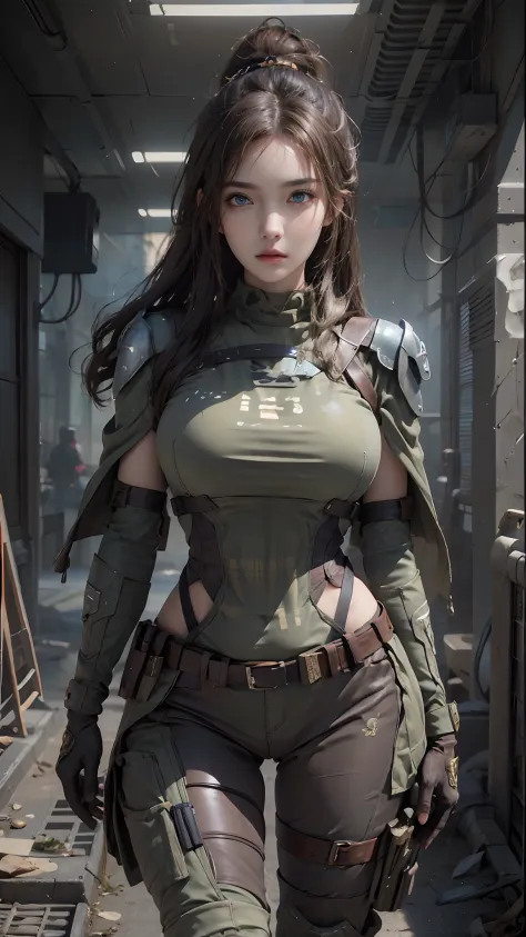 photorealistic, high resolution, 1 women, solo, hips up, look at viewer, (detailed face), brown hair, medium breasts, soldier girl, innocent blue eyes, long hair, weapon