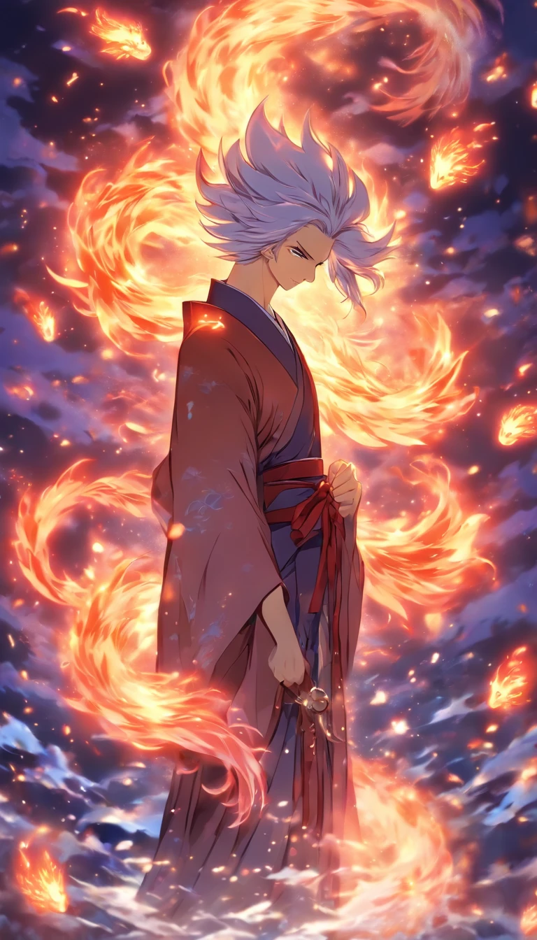 Un hombre con una bata de kimono parado frente al fuego - SeaArt AI