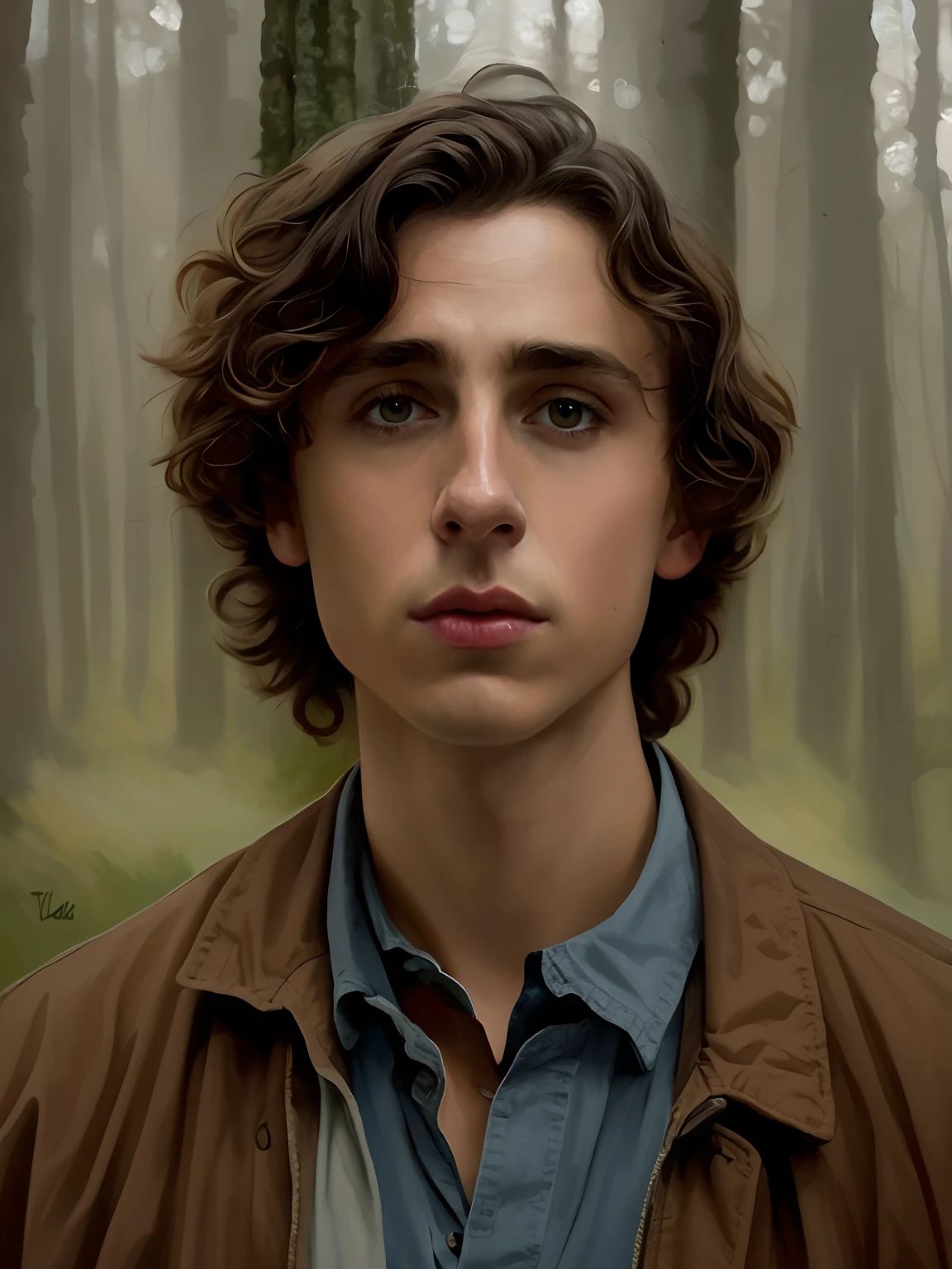 Generate a hyper-realistic digital painting inspired by the actor Timothy Chalamet with glasses with a serious countenance. A pintura deve representar um jovem com cabelos curtos castanhos e cacheados, vestindo um casaco. Ele deve ser mostrado imerso na beleza de uma floresta. The style of the painting should resemble that of Simon Stålenhag and Casey Weldon, with an exceptional level of detail. Use the oil-on-panel technique. Make sure the boy's realistic self-portrait captures the essence of hyperrealism and realistic illustrative painting. Pay close attention to the details of the teen's face to get a photorealistic result.